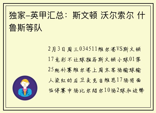 独家-英甲汇总：斯文顿 沃尔索尔 什鲁斯等队